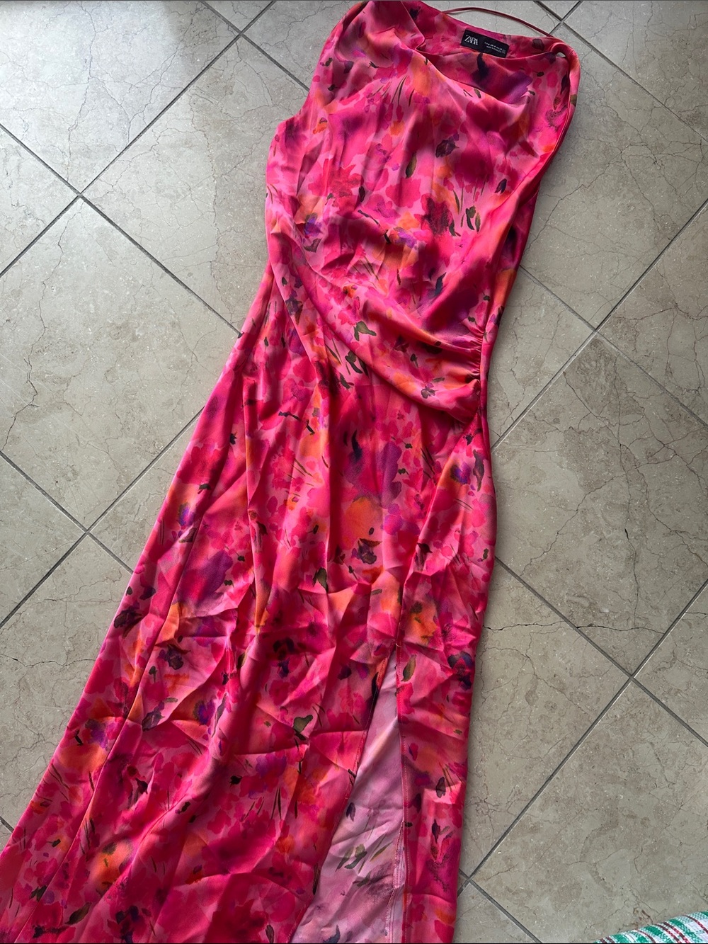 Zara Hot Pink Floral Satin Midi Slip Dress